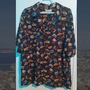 Blue men style shirt with stamps pattern